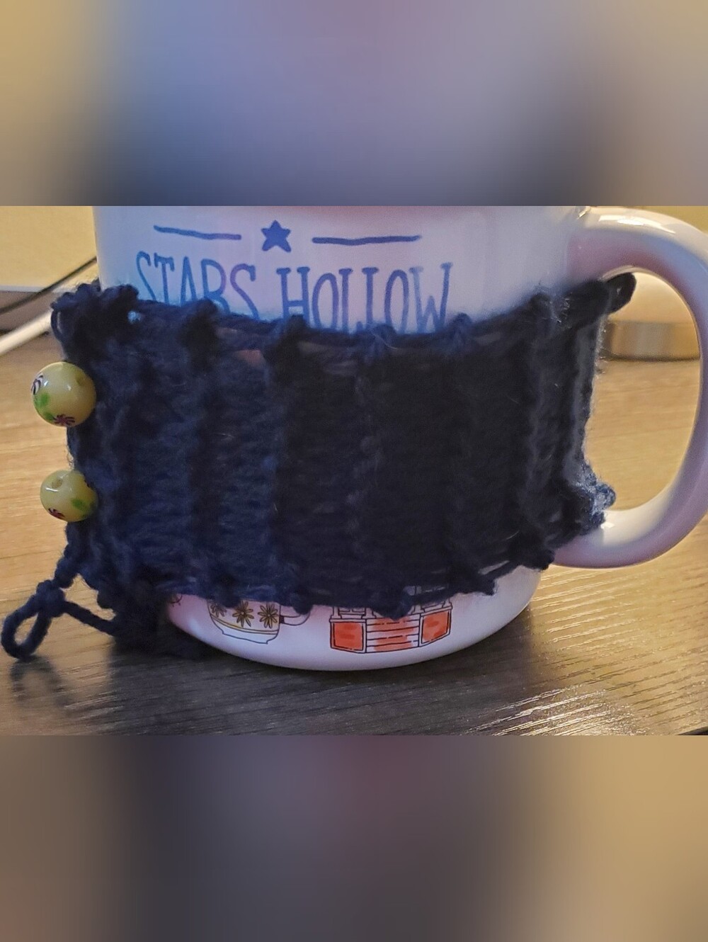 Handmade Kids Navy Knit Mug Cozy with Bead Accent